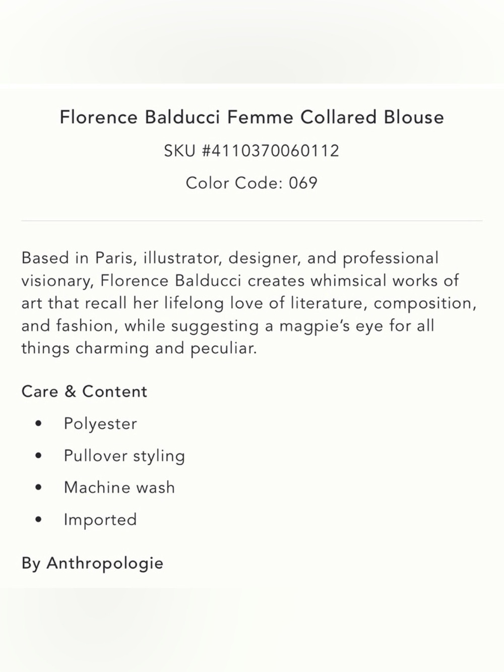 Anthropologie Florence Balducci Femme Collared Blouse Size Small - Picture 9 of 10